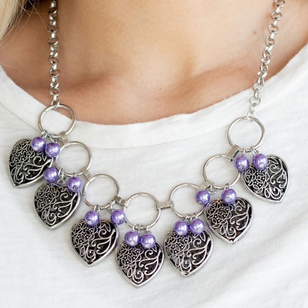 "Very Valentine"-Silver Heart/Purple Bead Necklace